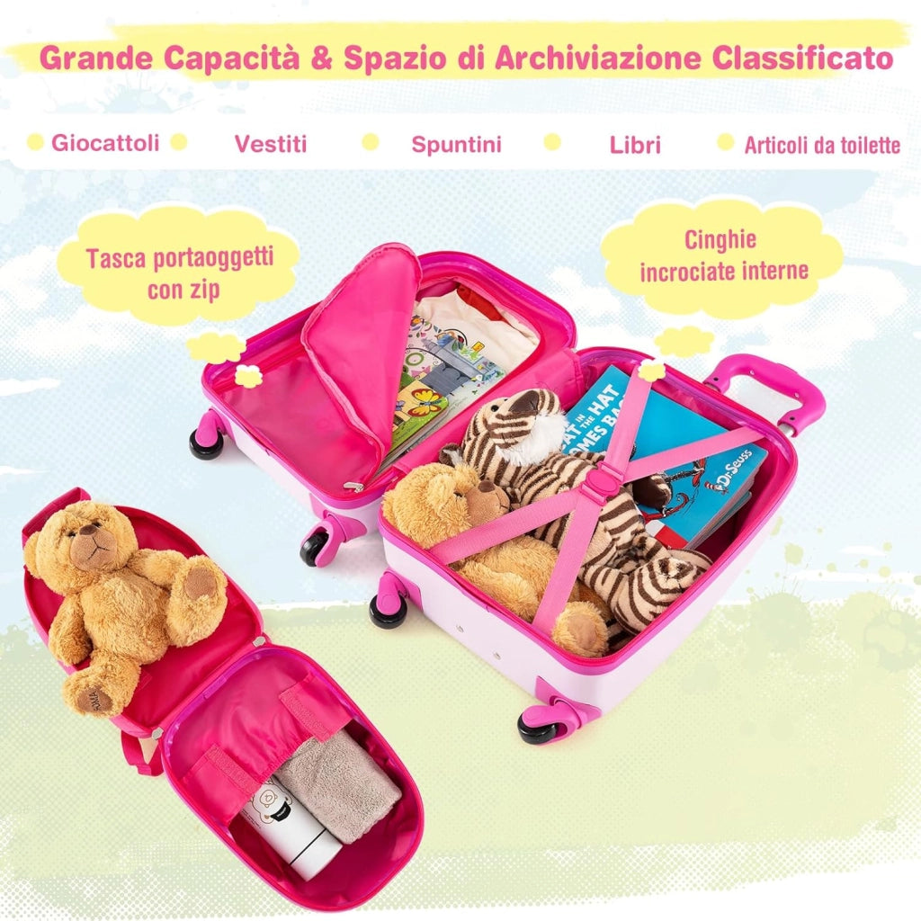 Set di Valigia per Bambini, 16" Valigia+ 12" Zaino, 2 Pezzi, con Ruote Girevoli a 360° e Maniglia Retrattile, Ideale per Viaggiare in Modo Comodo e Divertente (Modello 25)