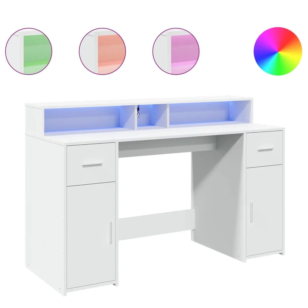 Scrivania per computer postazione di lavoro scrivania da studio con luci a LED 140 x 55 x 91 cm legno ingegnerizzato bianco 02_0023406