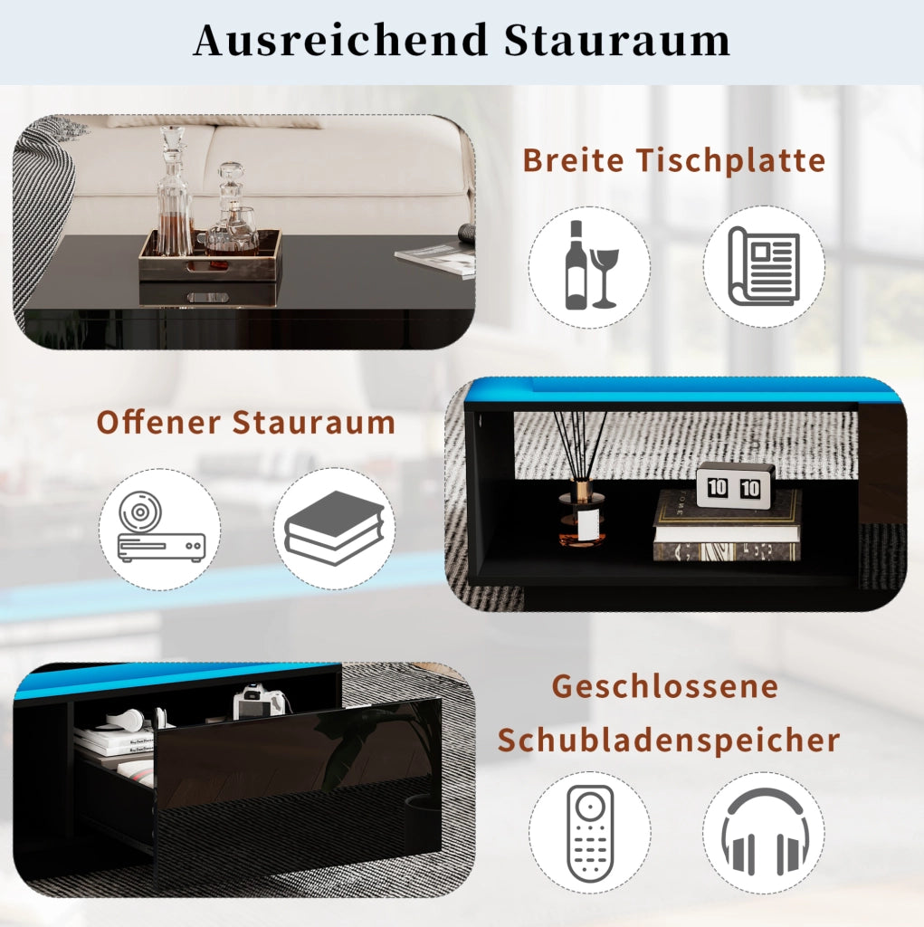 Tavolino da caffè moderno lucido con LED e cassetto; 100x50x40;3 cm; nero