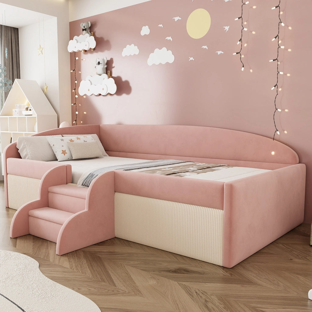 Letto imbottito 90x190 cm con gradini e sponde in velluto rosa e bianco crema