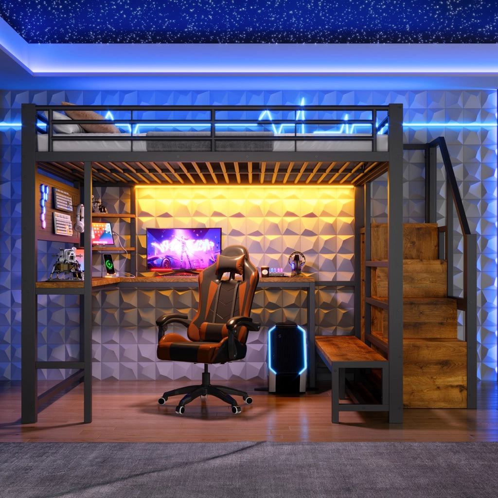 Letto a soppalco in metallo 140x200 cm, letto alto matrimoniale con scrivania, pannello forato, scala contenitore, prese USB/USB-C, ripiani e illuminazione LED, nero
