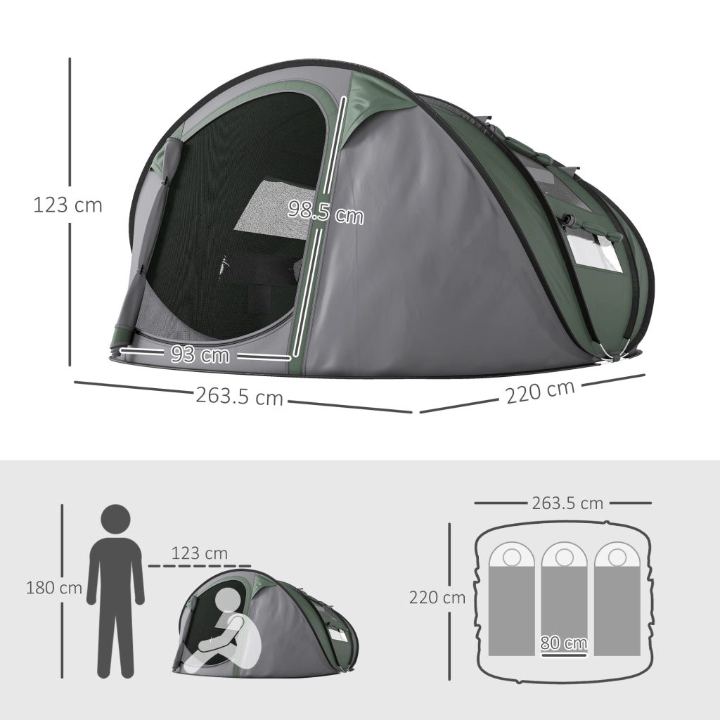 Tenda da Campeggio Pop Up 2 Posti con 2 Porte, 4 Finestre e Telo Impermeabile, 263.5x220x123 cm, Verde Scuro