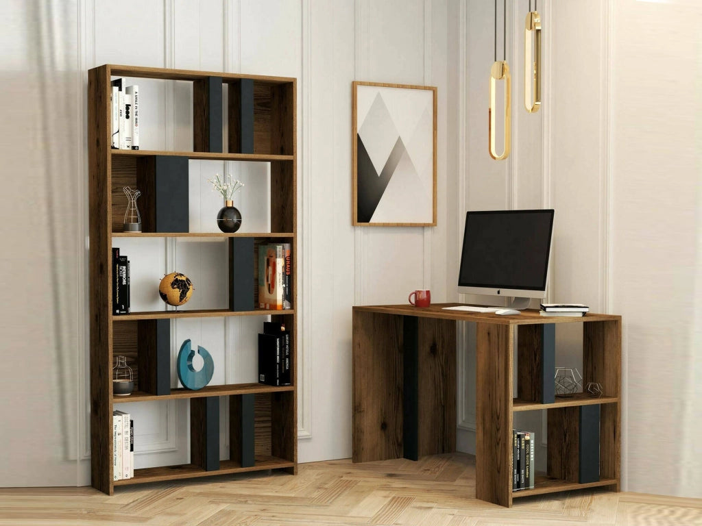 Scrivania Atene, Scrittoio multiuso, Tavolo per ufficio porta PC con libreria, 120x60h75 cm, Noce e Antracite