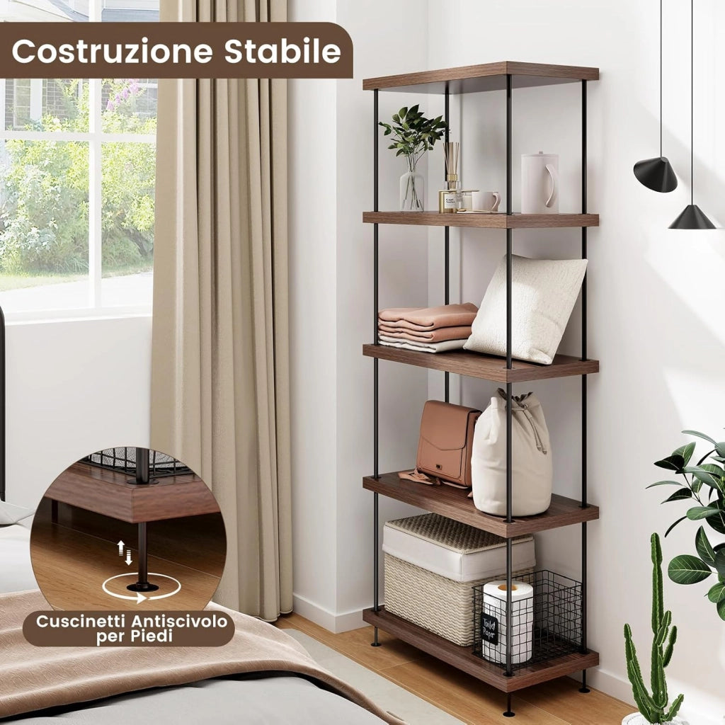 Scaffale Multiuso a 2/3/4/5 Ripiani, Libreria Autoportante con Struttura in Metallo, Stile Industriale, per Camera da Letto, Soggiorno Ufficio Studio (5 Livelli 60x29,5x147 cm)