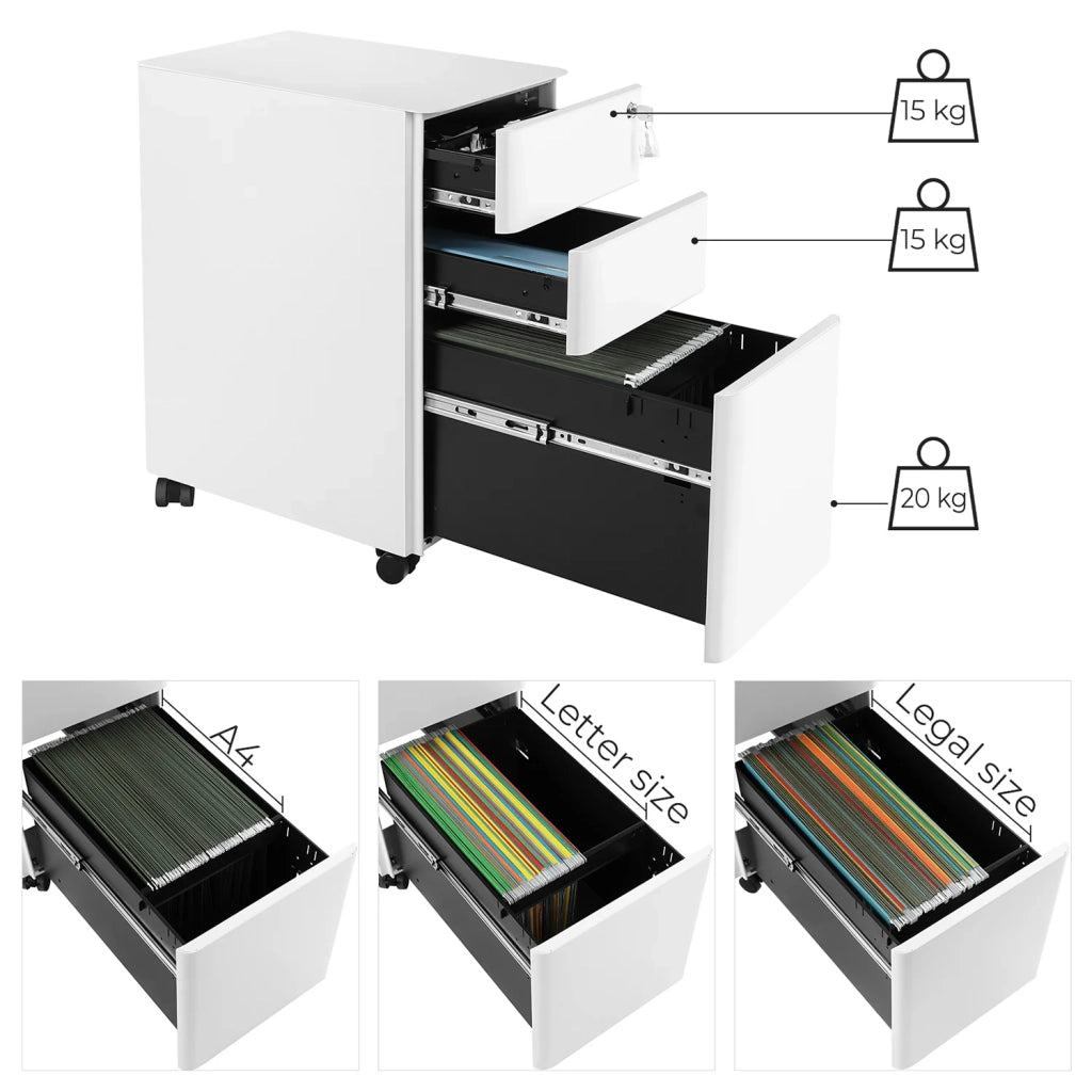 Mobiletto portaoggetti mobile per ufficio 30 x 46 x 59,2 cm con ruote e serratura per documenti e cartelle sospese con 3 cassetti bianco 12_0004825