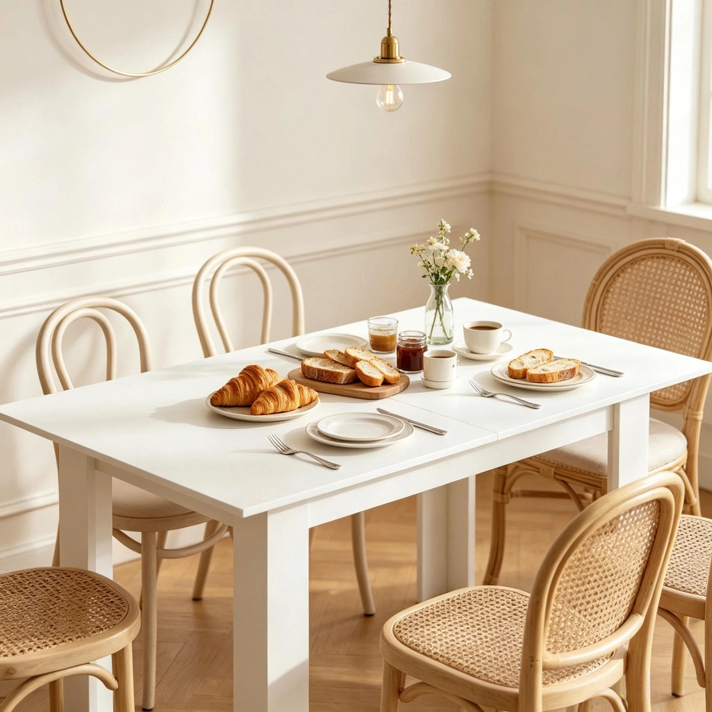 Tavolo da pranzo allungabile per 6-8 persone con piano in MDF e guide in acciaio, per cucina e sala da pranzo, bianco