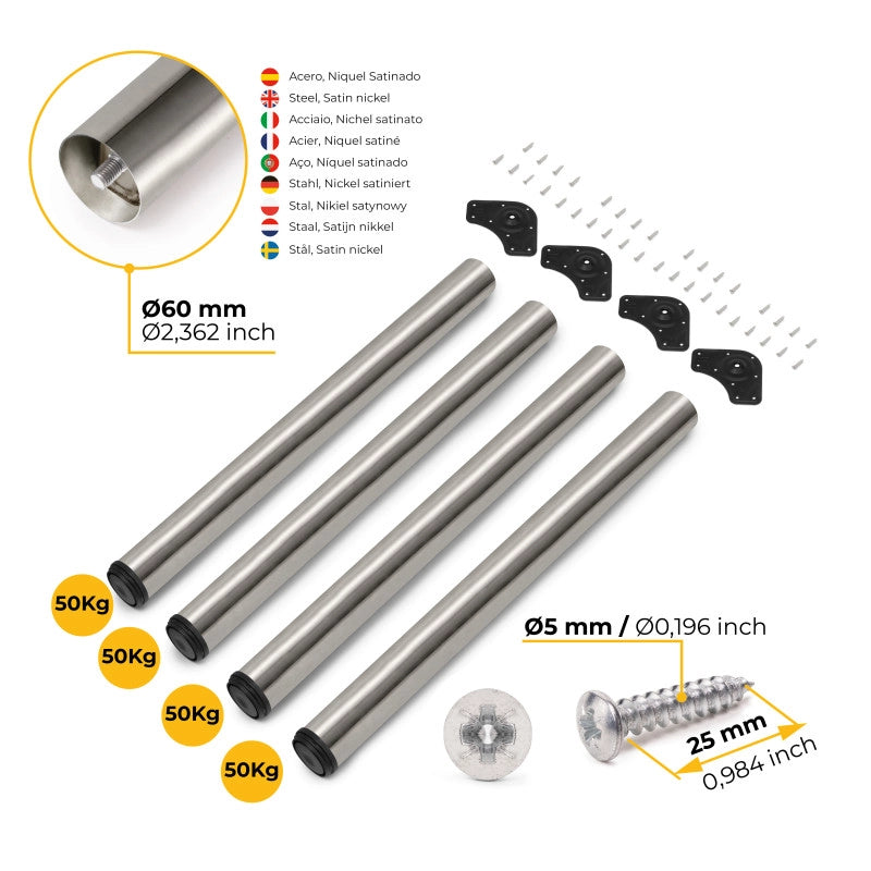 Lotto di 4 gambe per tavolo, diametro 60mm, H 710mm, Acciaio, Nichel satinado