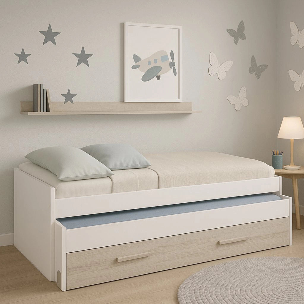 Letto singolo Art, Struttura letto per cameretta, Letto singolo con lettino estraibile e cassettone e mensola abbinata, cm 199x96h65, Bianco