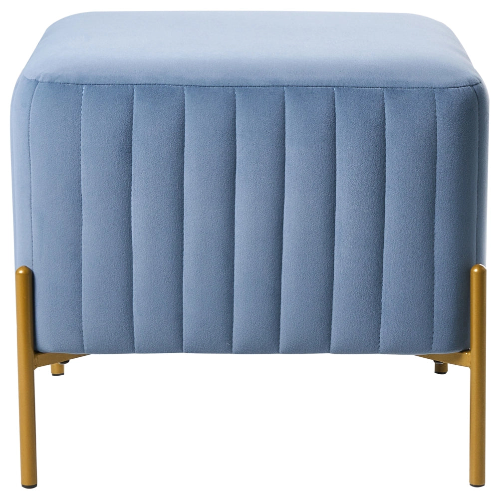 Pouf rivestito in velluto blu con gambe in metallo dorato seduta quadrata 47 x 47 cm per un salotto glamour