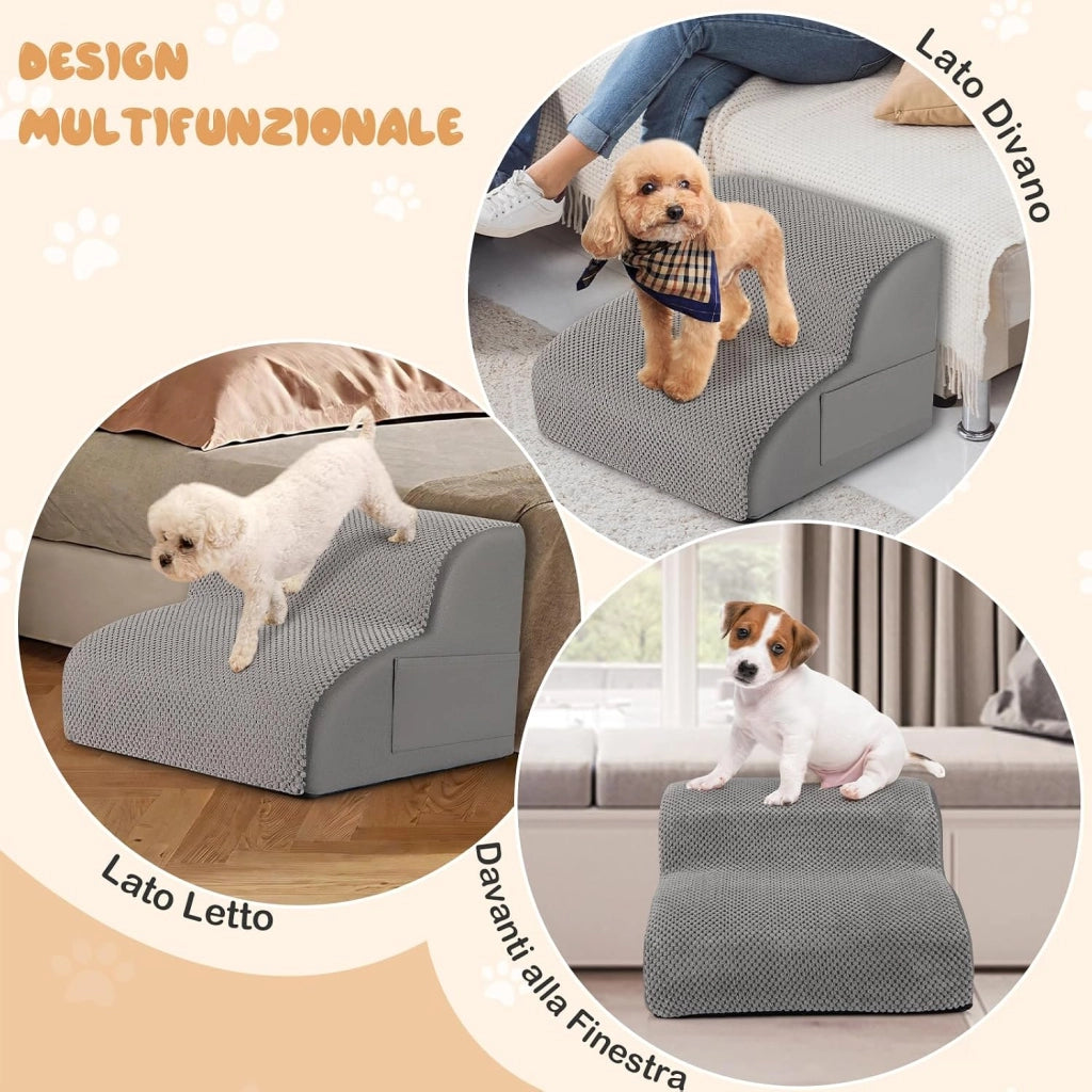 Rampa per Cani in Schiuma, Scale per Animali con Copertura Lavabile, Fondo Antiscivolo, Passi Incline per Letti e Divani, Scala per Animali Piccoli, Anziani e Feriti (Grigio,2,41 x 43 x 29cm)