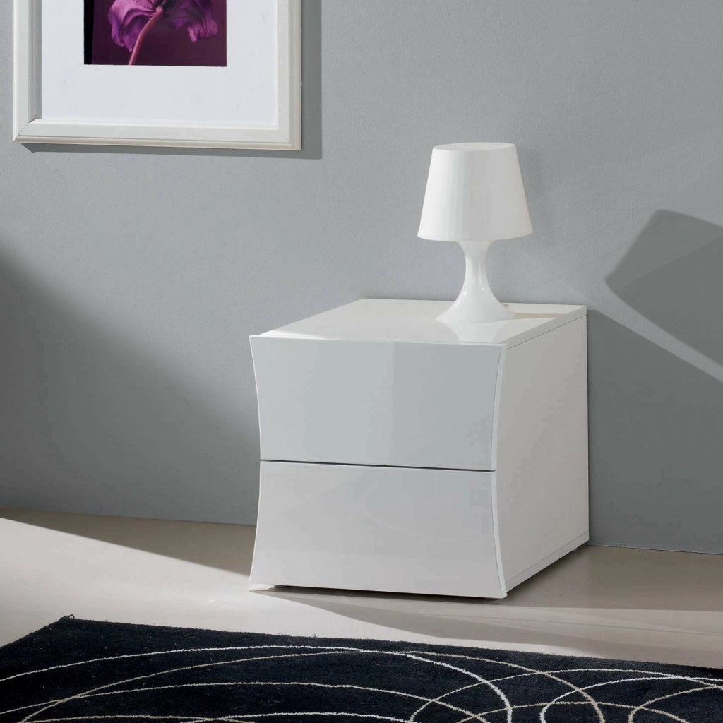 Comodino moderno a 2 Aku, Made in Italy, Tavolino da notte, Mobiletto per camera da letto, cm 50x40h41, colore Bianco lucido