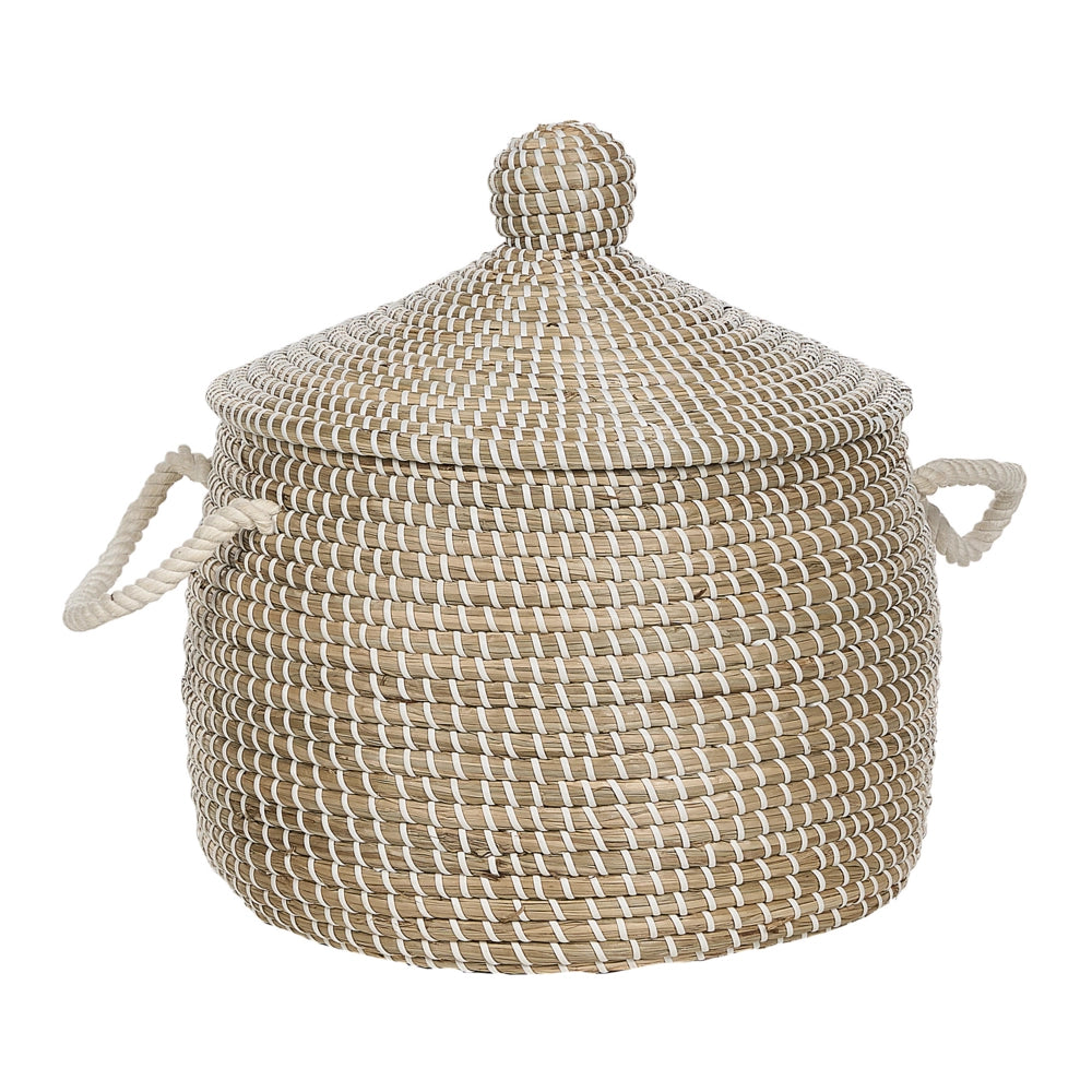 Cestino in seagrass naturale con manici, coperchio, intrecciato a mano, per la casa, per lo stoccaggio di accessori in stile boho.