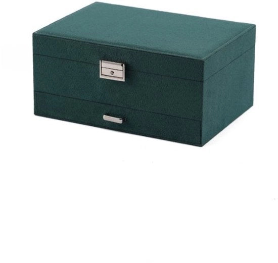 Cassa da gioielli a tre livelli, in stile vintage, con tre strati di velluto verde, adatta per collane, bracciali, anelli e altri accessori.