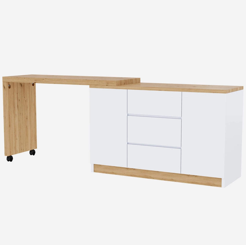 Scrivania pieghevole girevole bianco e rovere con 2 ante