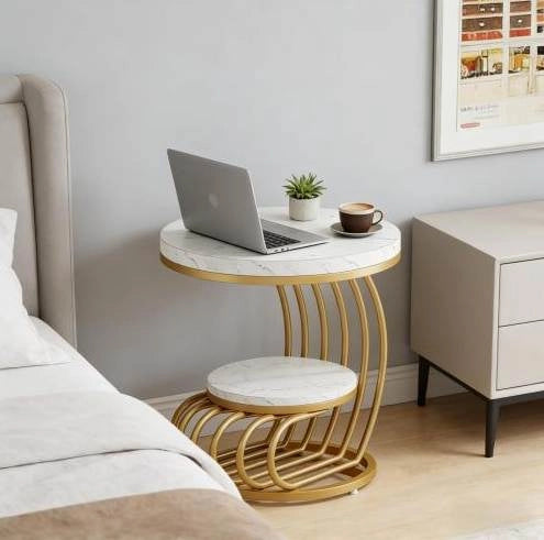 Tavolino rotondo a 2 livelli ?50 x 63 cm effetto marmo bianco e metallo oro