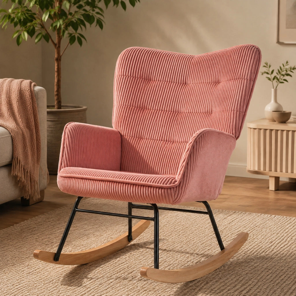 Poltrona a dondolo 98x71x101 cm con schienale trapuntato; braccioli; poliestere rosa
