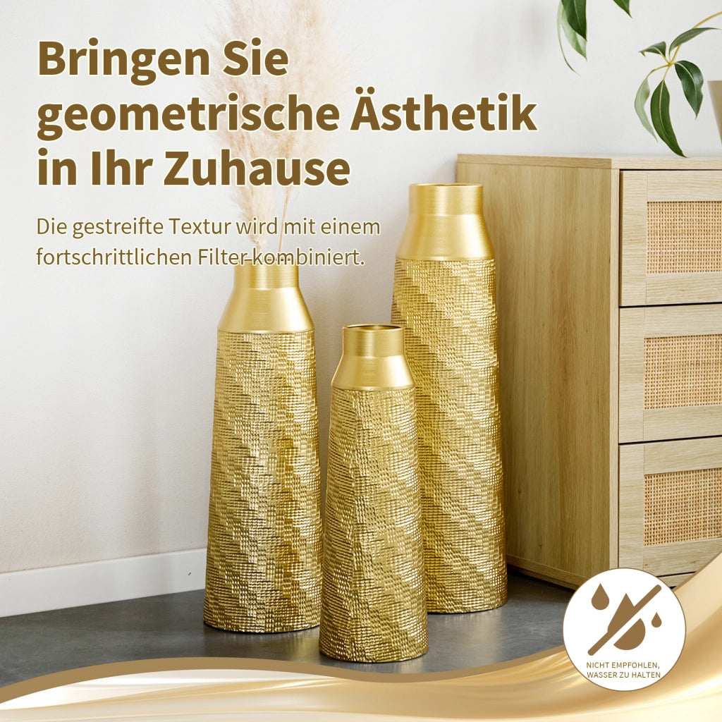 Vaso decorativo da pavimento set di 3 con texture lavorata a mano salvaspazio per interni in metallo oro e bianco