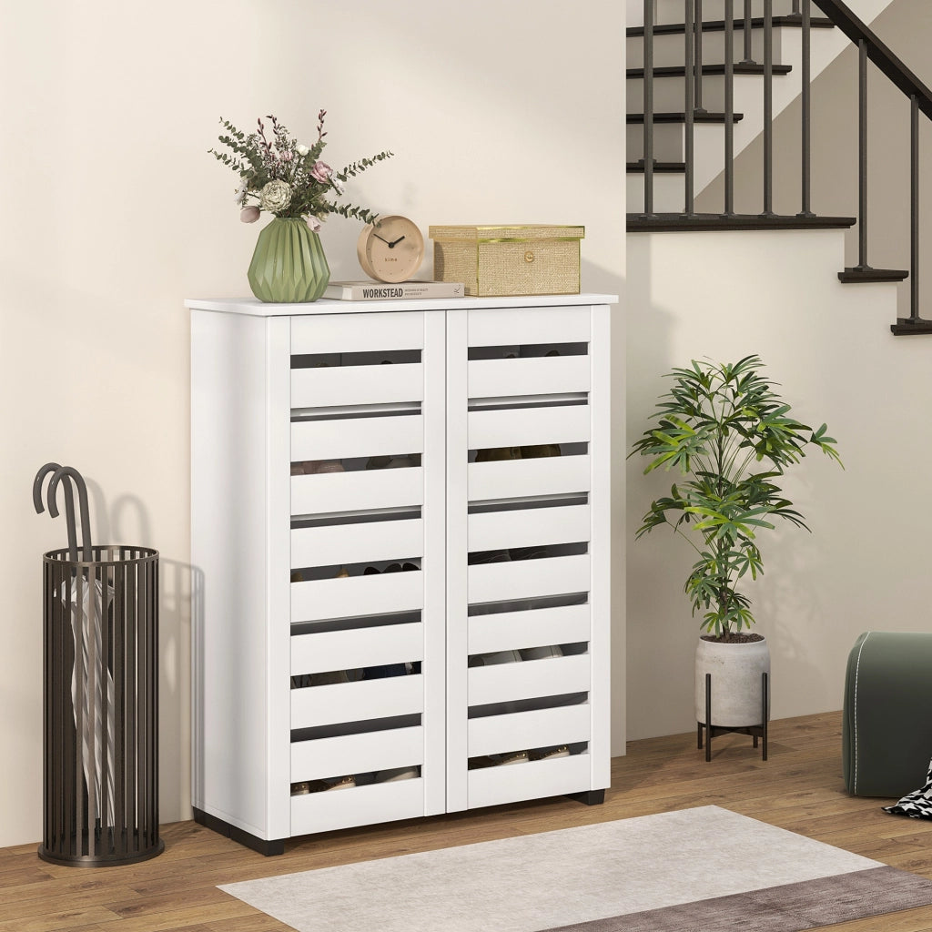 Mobile Scarpiera a 5 Livelli con 4 Ripiani Regolabili e Ante a Doghe, in Legno, 76x33Px98 cm, Bianco