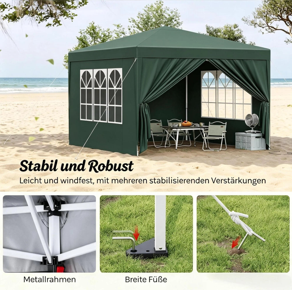 Gazebo pieghevole 3 x 3 m verde con tetto Oxford e altezza regolabile