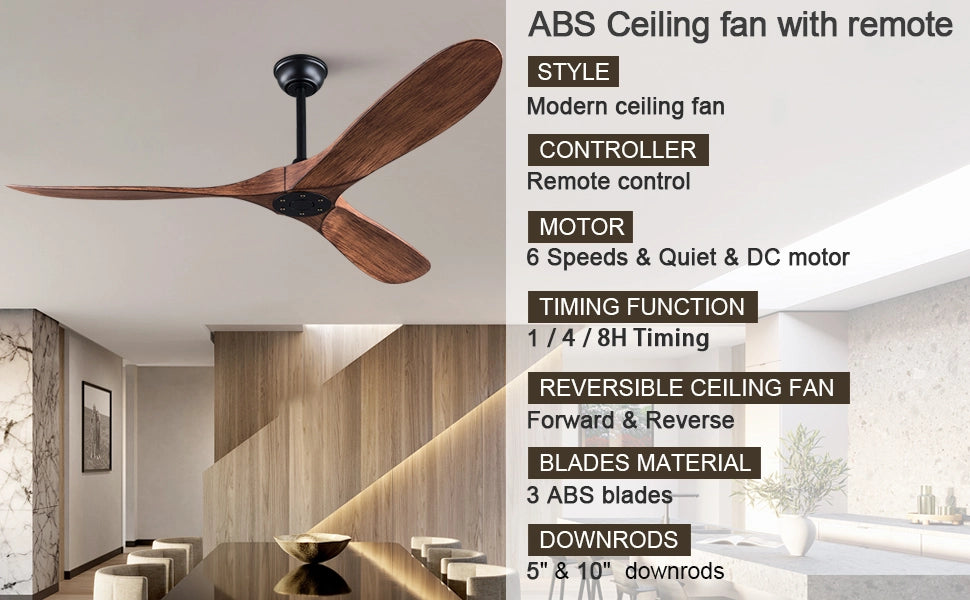 Ventilatore da soffitto 60 pollici senza luce con telecomando, pale ABS, motore DC reversibile, design moderno, per interni ed esterni