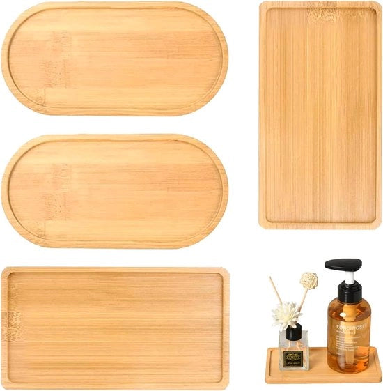 Set di 4 piatti di servizio in bambù - piatto per tè, caffè, torta - piatto di servizio ovoidale e rettangolare in legno di bambù - piccolo piatto di servizio in bambù