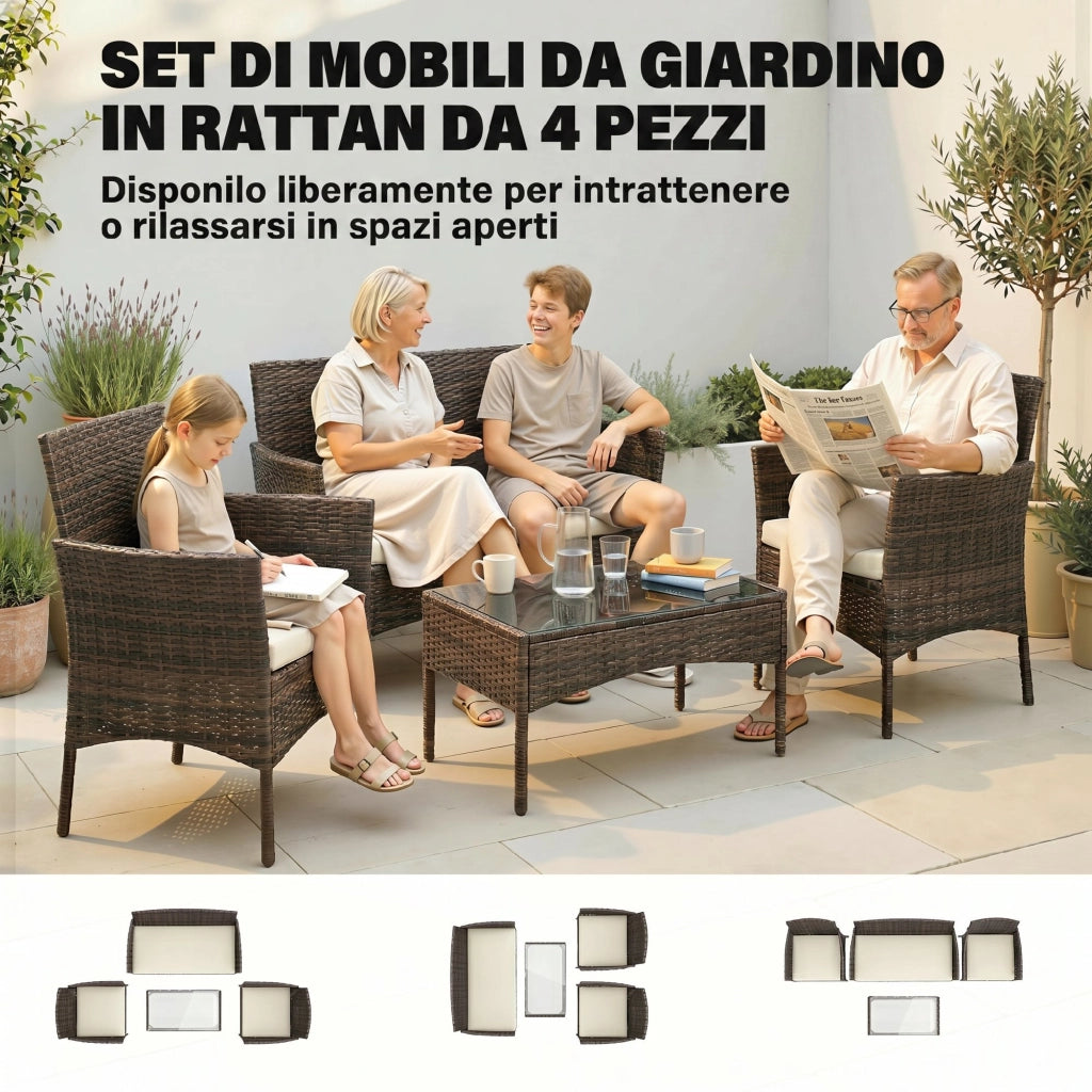 Set da Giardino 4 Pezzi con Divano 2 Posti, Sedie e Tavolino ¨C zephmum ¨C Rattan e Acciaio, Beige e Marrone