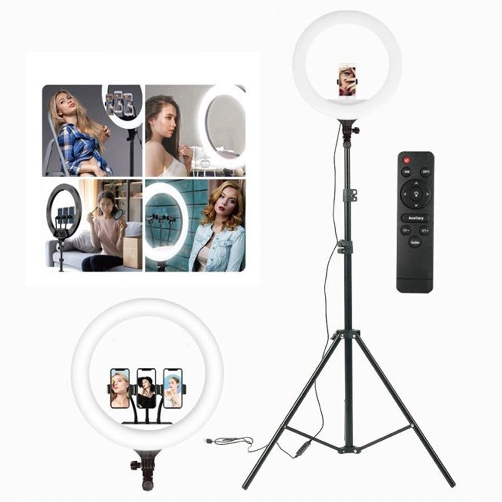 Trade Shop - Luce Ad Anello Led Con Staffa Treppiede Telecomando Supporto Smartphone Foto Set Q-1800 -