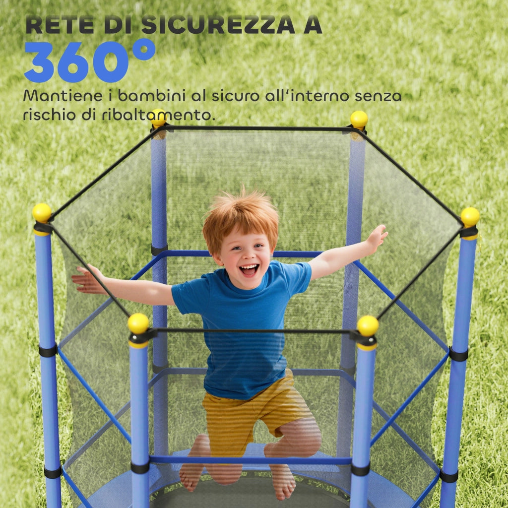 Tappeto Elastico per Bambini con Rete e Pali Imbottiti ¨C zephmum ¨C Blu, ?140x190 cm