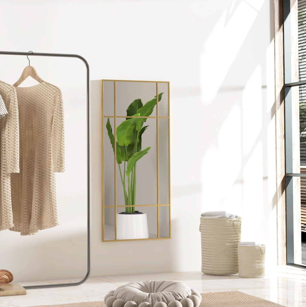 Specchio da parete ULEVR 110x50 cm con griglia decorativa e cornice in metallo dorata