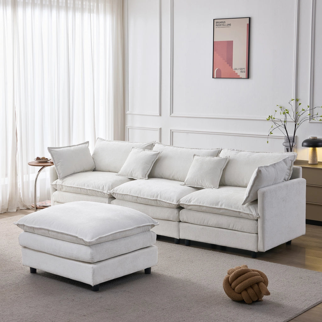 Divano angolare modulare in chenille con pouf mobile e 3 posti, struttura in legno massiccio, beige