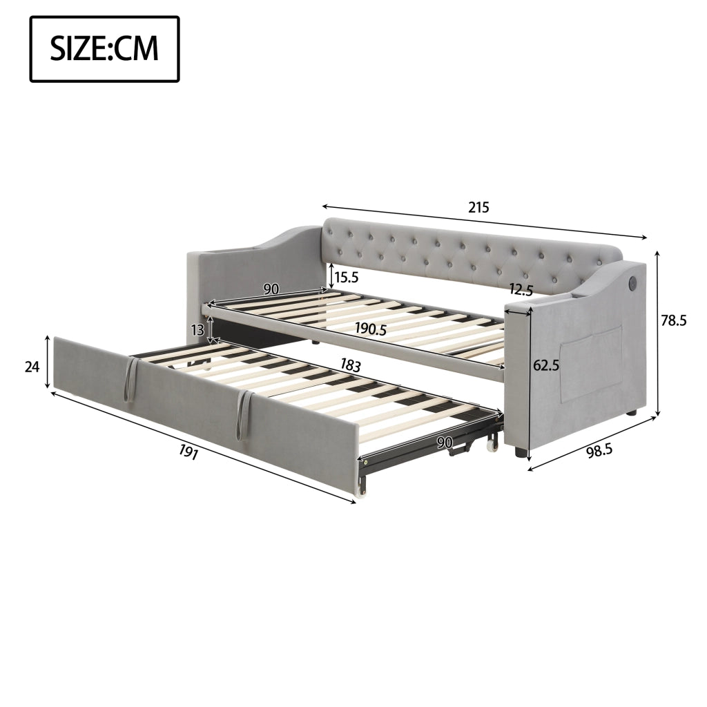 LETTO divano estraibile 90x190 cm in velluto grigio con rete a doghe