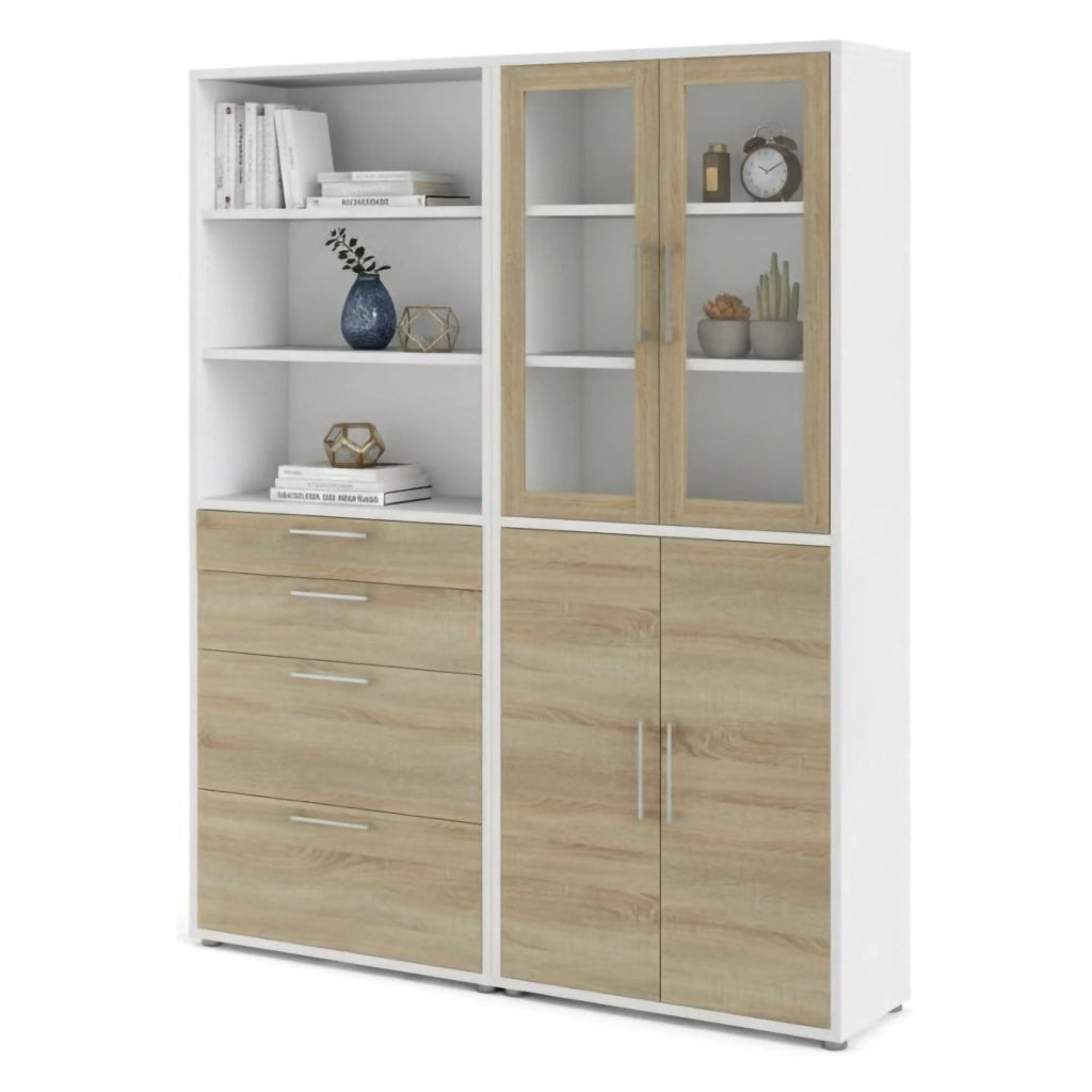 Credenza Embabane, Buffet da soggiorno, Madia da salotto, Dispensa da cucina, 178x40 h222 cm, Bianco e Quercia