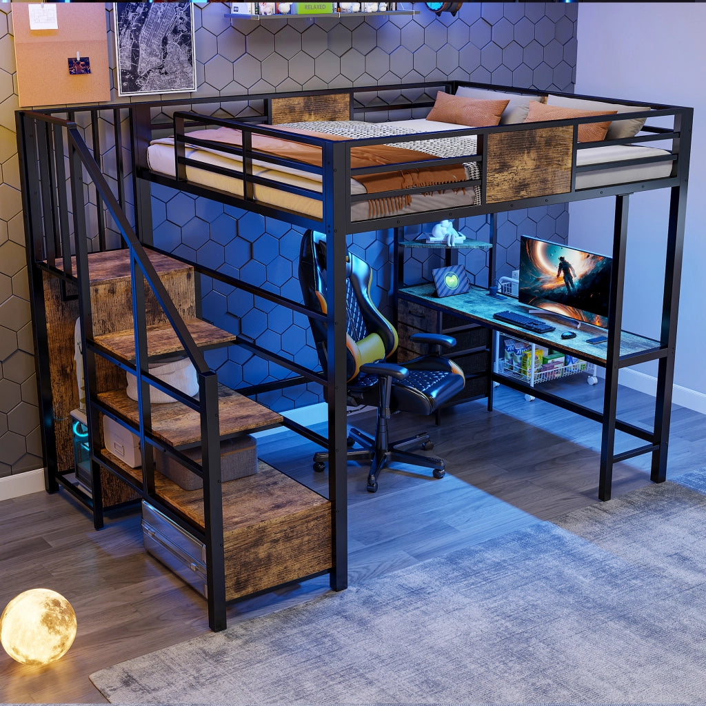Letto a soppalco 140x200 cm in metallo con scrivania, ripiani, barra appendiabiti, LED e presa europea, colore nero