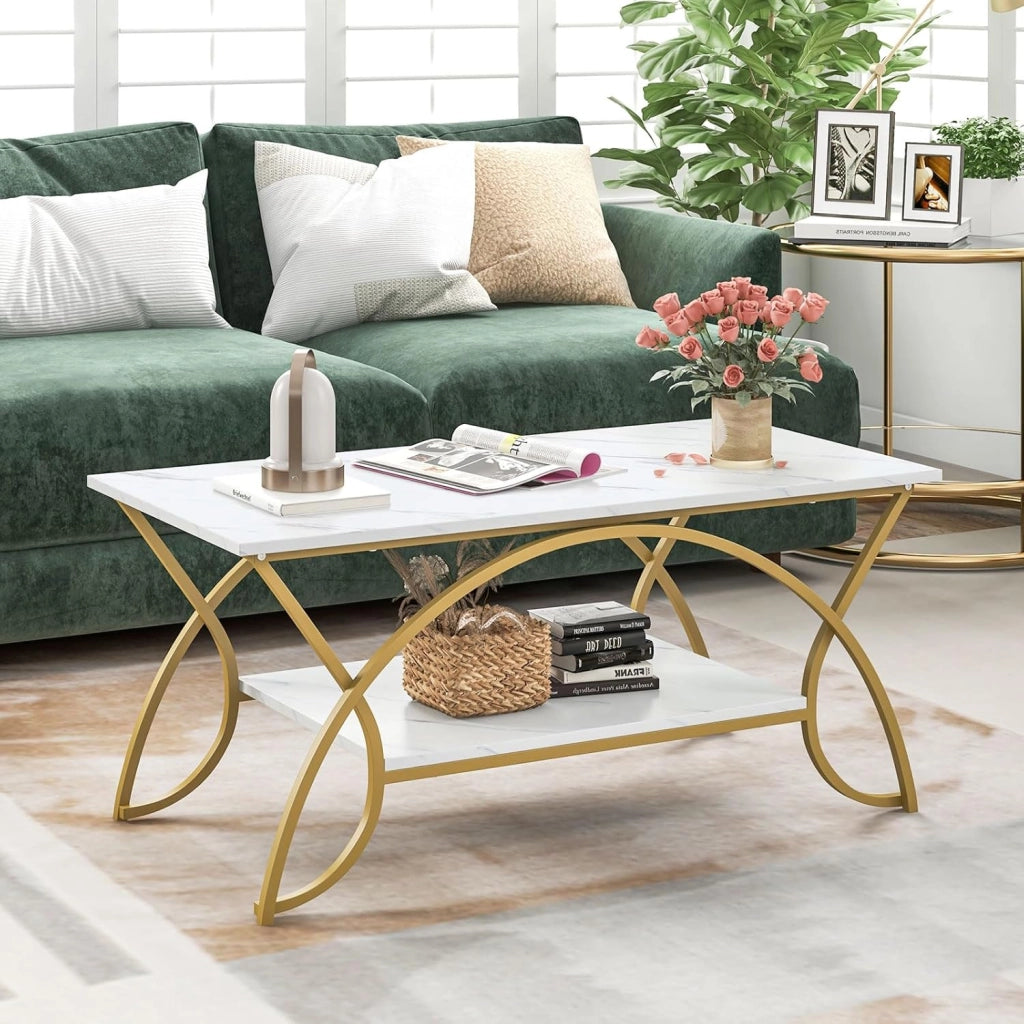 Tavolino da Caffè da Salotto, Tavolino Rettangolare a 2 Livelli con Struttura in Metallo, Tavolino Elegante e Moderno per Studio, Ufficio e Soggiorno, 100 x 50 x 45 cm (bianco e oro)