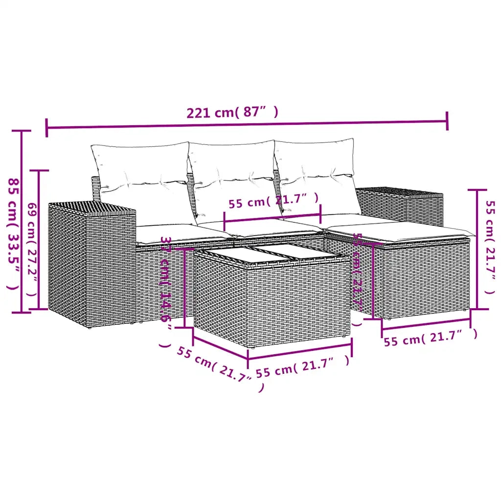 Salotto da Giardino-Set Divani da Giardino 5 pz con Cuscini Marrone in Polyrattan 253237