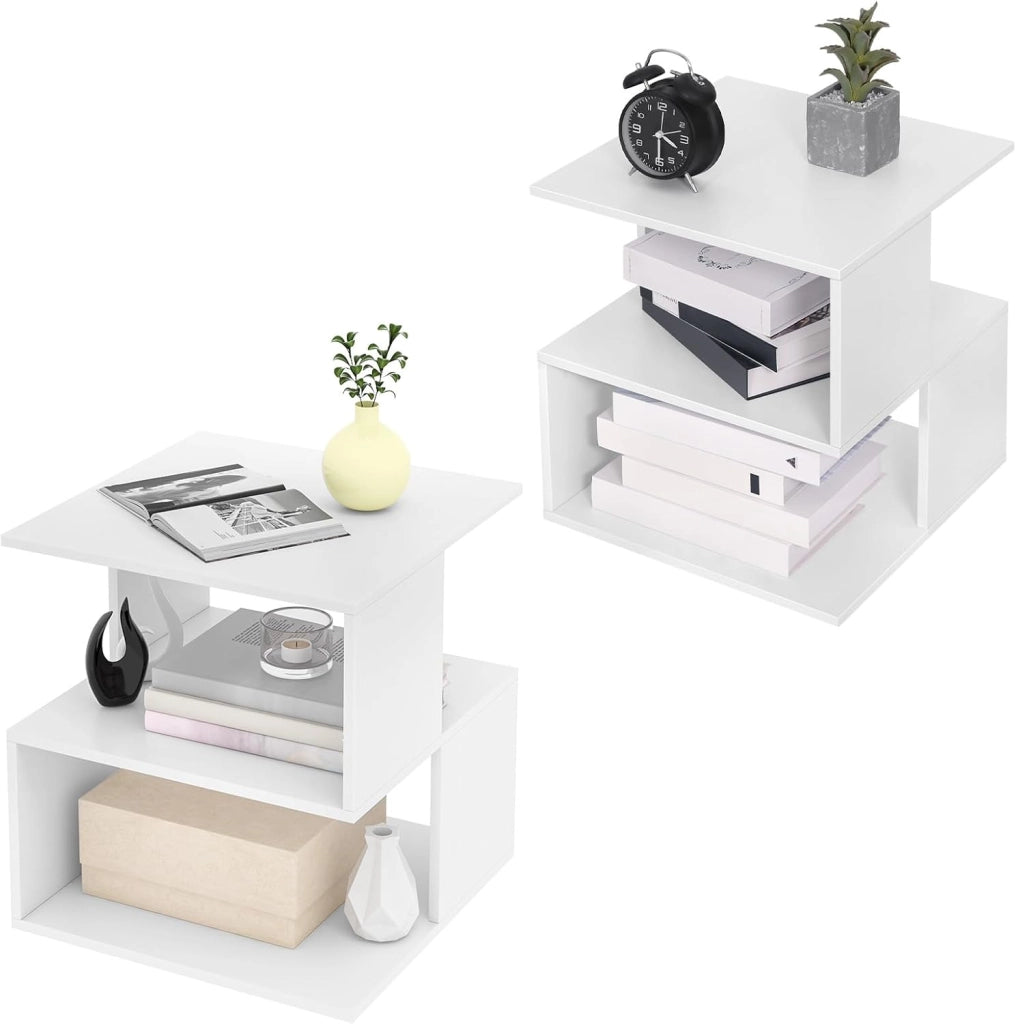 Set 2 Comodini per Camera da Letto in Legno, Tavolino Bianco Design Moderno, Mobiletto Salvaspazio per Soggiorno, Piccola Libreria a 2 Ripiani, 40x40x43,5cm, 0166ZZ-2