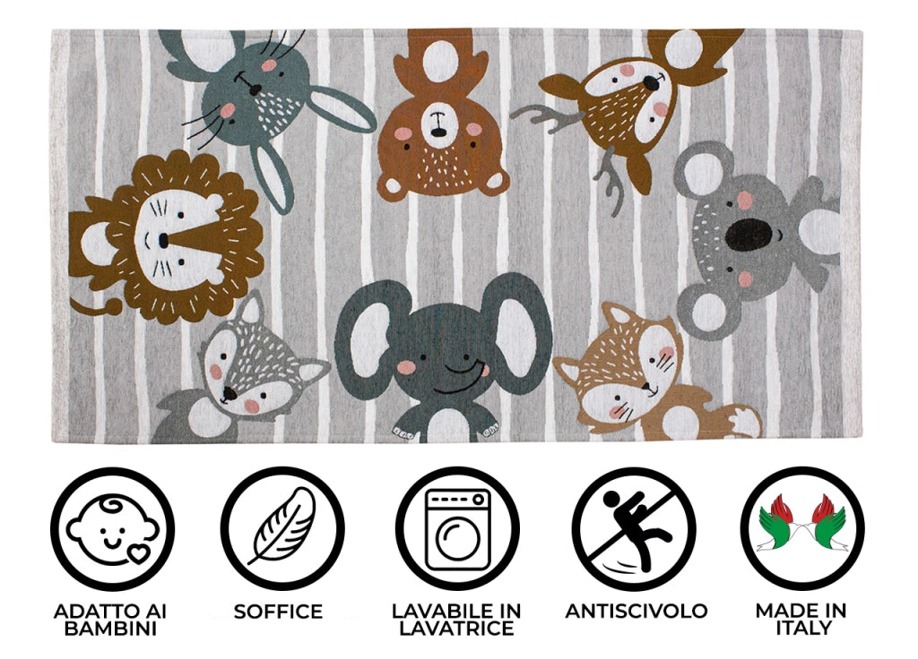 Tappeto Arredo e Gioco Antiscivolo Per Cameretta Bambini Disegno Animalii - 115x175 - Grigio Perla