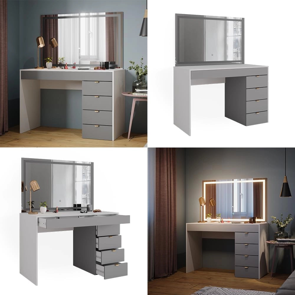 Tavolo da toeletta Elise, Bianco/grigio/grigio, 115 cm con specchio a LED, con illuminazione LED e grande specchio per applicazioni di trucco