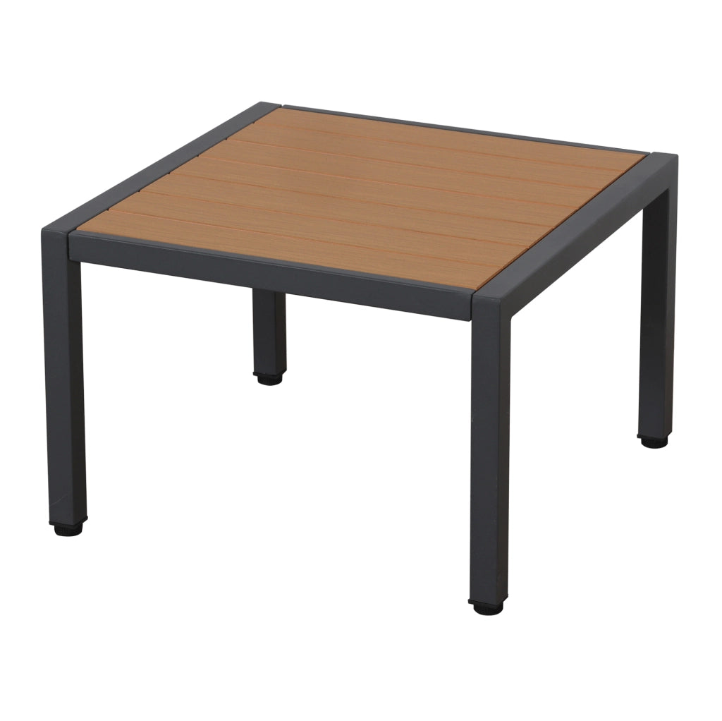 Set da giardino con divano angolare; tavolino laterale e tavolino/poggiapiedi; grigio e nero