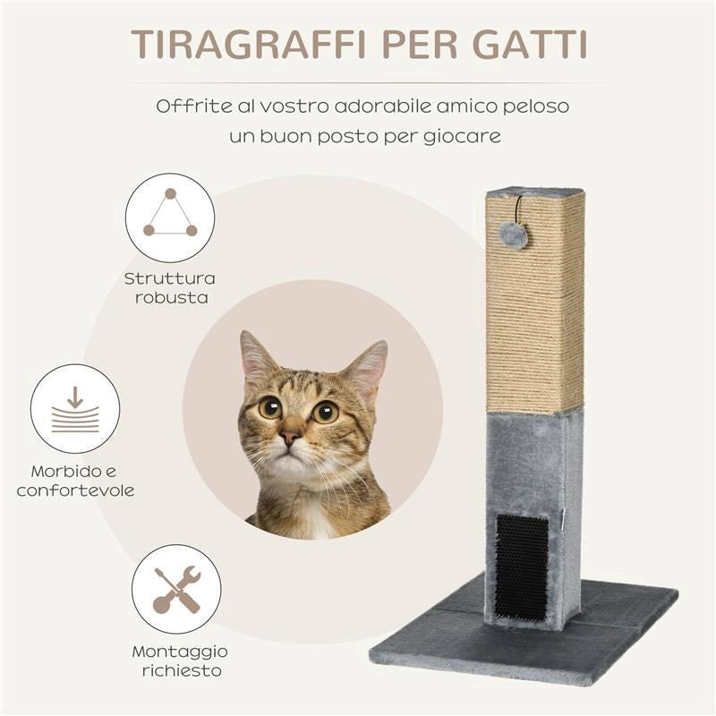 ALBERO TIRAGRAFFI PER GATTI CON 2 PALLINE GIOCATTOLO E SPAZZOLA IN LEGNO IUTA E PELUCHE 59.5X39X79 CM GRIGIO