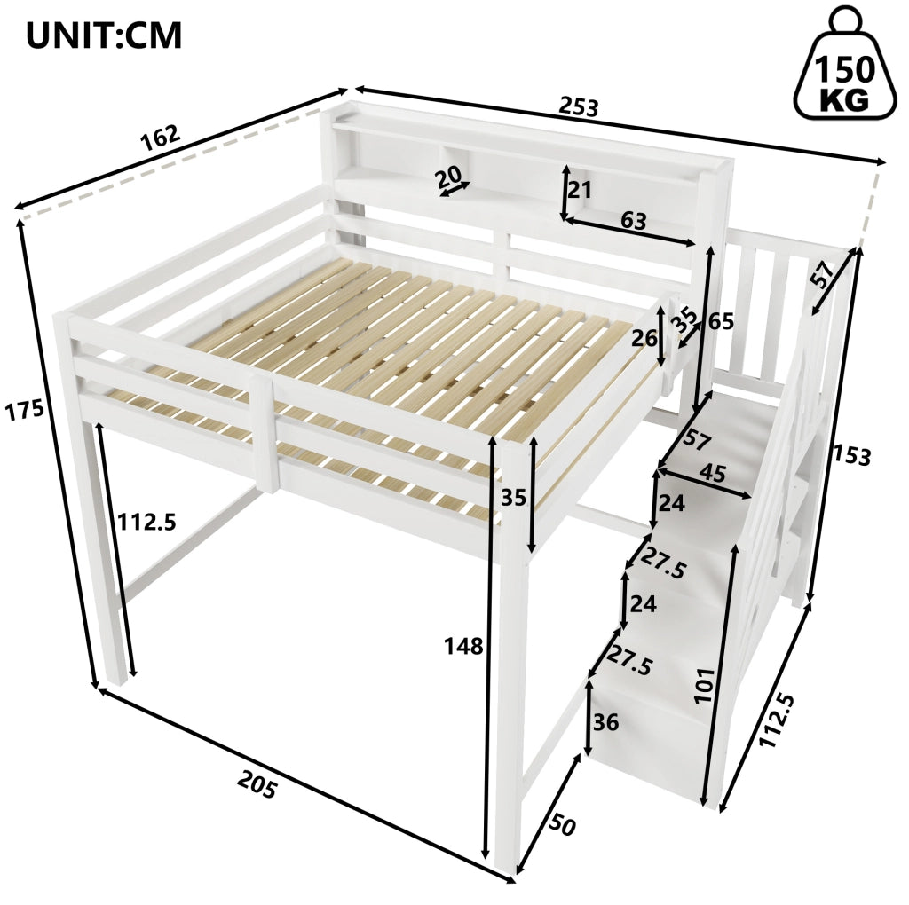 Letto a soppalco 140x200 cm bianco con LED, scala contenitore e spazio inferiore