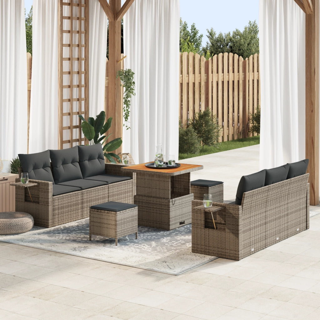 Set Divano Giardino 9 Pezzi con Cuscini Grigio Polyrattan Acacia