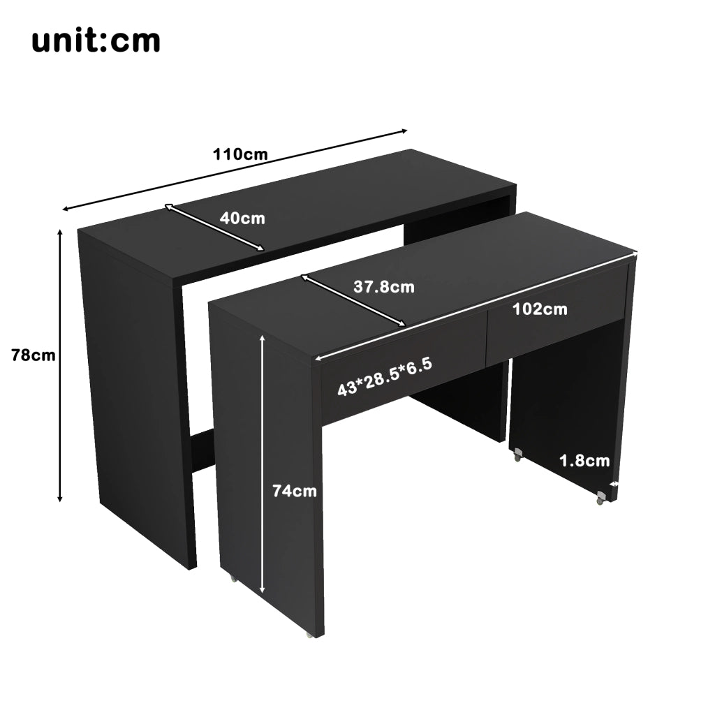 Scrivania lineare 2 in 1 con 2 cassetti e ruote, per piccoli spazi, in truciolato nero, 110 × 40 × 78 cm
