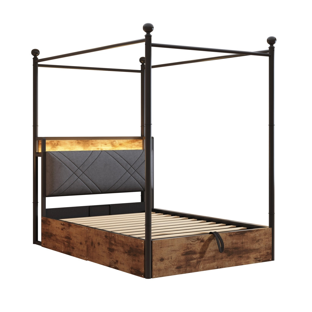 DESMIU Letto singolo 90 × 190 cm 1 posto con vano contenitore, LED, USB e Type-C, senza materasso, nero