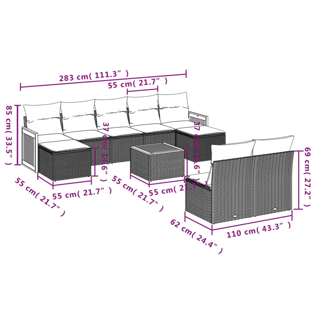 Set Divani da Giardino 10pz con Cuscini in Polyrattan Nero 3228057