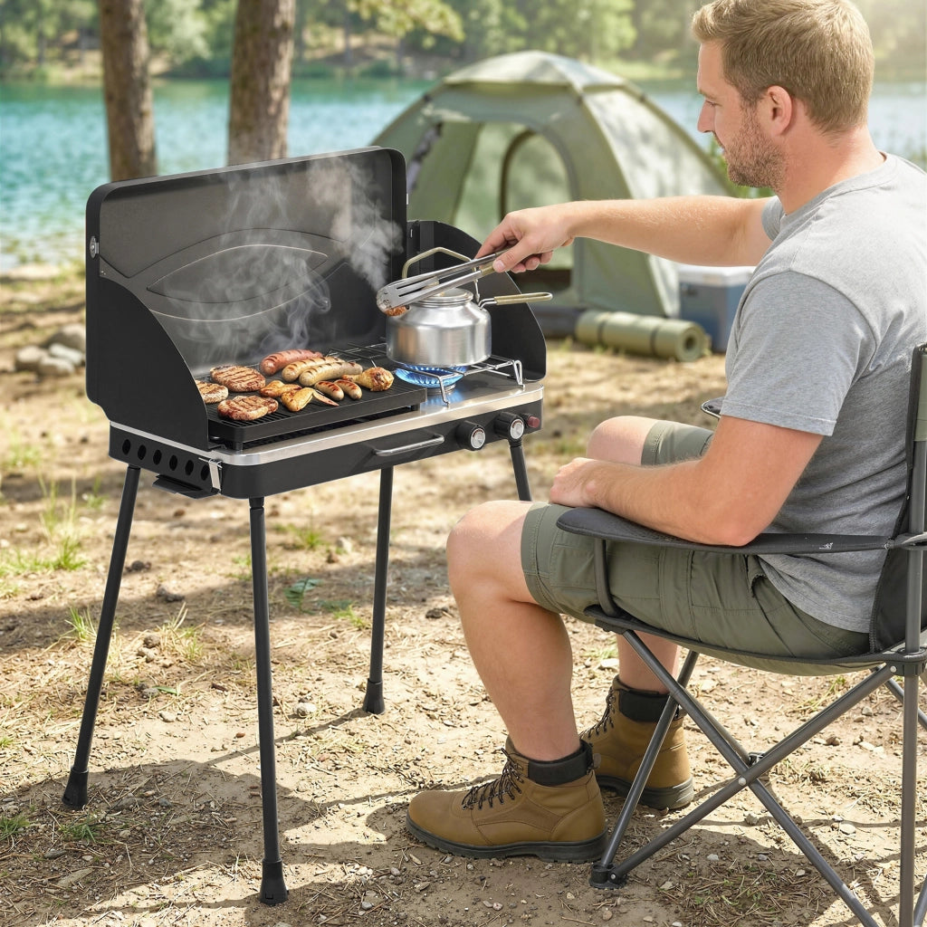 Barbecue a Gas 2 in 1 Portatile con Griglia e Fornello ¨C Zephmum ¨C 7KW Nero
