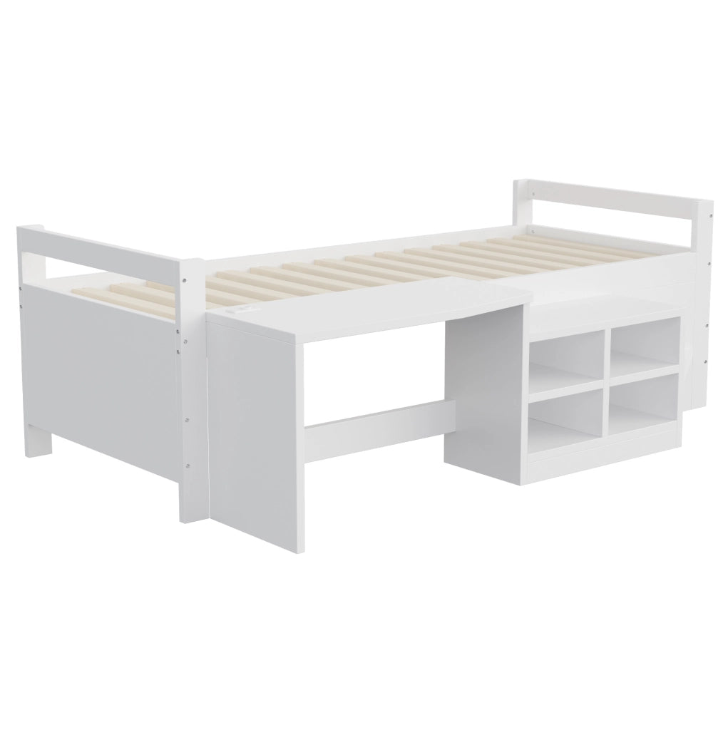 Letto multifunzionale 90x200 cm con scrivania, vani contenitore e prese