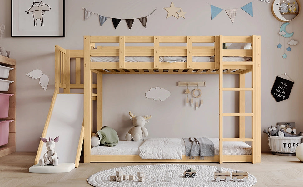 LETTO A CASTELLO con scivolo e scala 90x200 cm MDF e pino naturale con tende