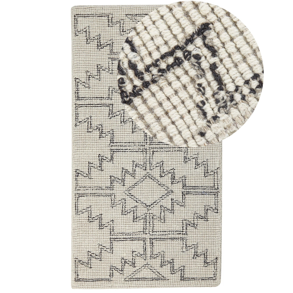 Tappeto beige e nero lana 80 x 150 cm trapuntato a mano motivo geometrico boho soggiorno camera da letto