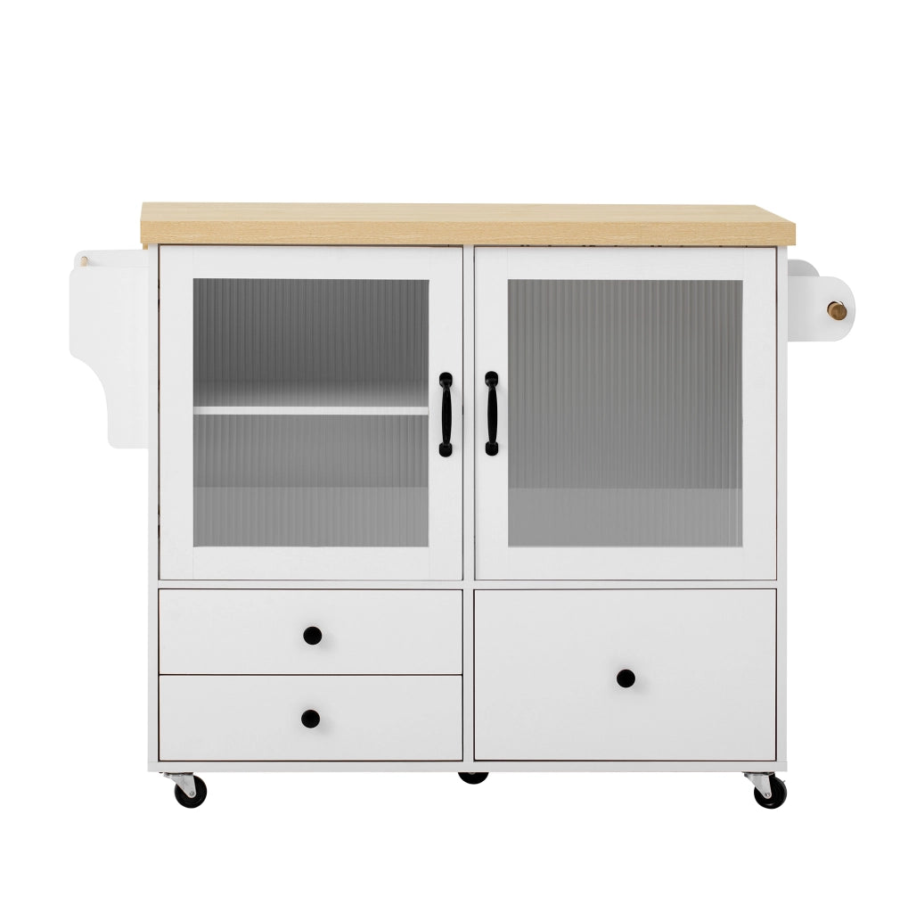 isola cucina mobile bianca e legno con piano estensibile, ripiani e ruote